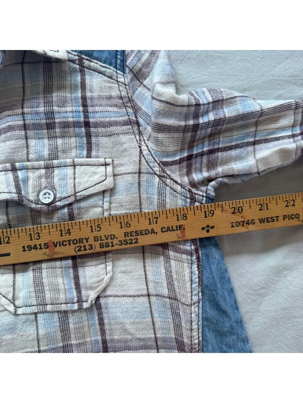Free People Clara Mixed Media Plaid Denim Button Down Shirt Fringe Small